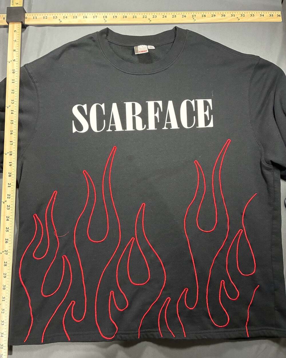 Scarface Men's Black Crew Neck T-Shirt with Embroidered Red Flames, Size XL